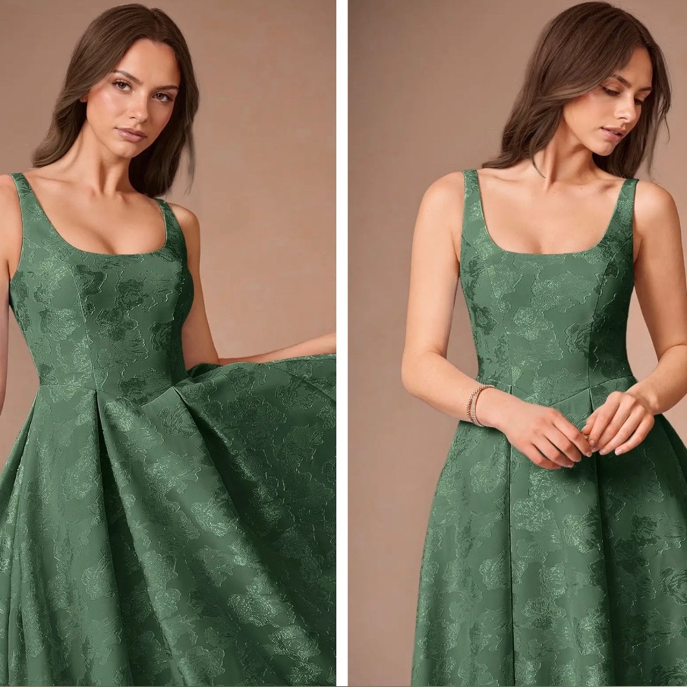 Azazie Briac Eucalyptus A-Line Midi Dress - Green Jacquard Fit-and-Flare Dress